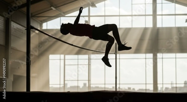 Fototapeta Silhouette of athlete soaring over high jump bar in indoor stadium