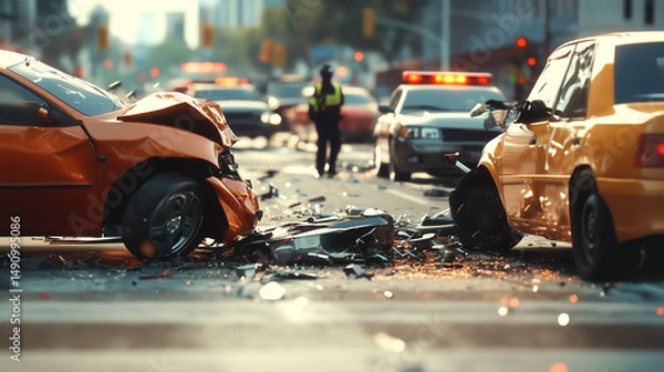 Fototapeta A damaged car on the road after a collision. The concept of traffic accidents, road safety, emergency response, and the consequences of reckless driving. Generative AI.