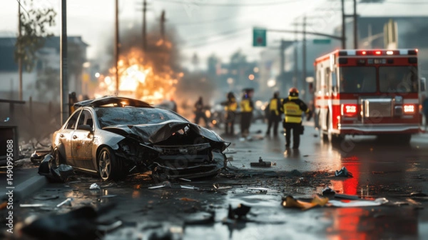 Fototapeta A damaged car on the road after a collision. The concept of traffic accidents, road safety, emergency response, and the consequences of reckless driving. Generative AI.