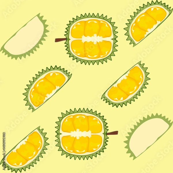 Fototapeta Seamless pattern vector illustration with cute durian pieces and whole fruit, the king of fruits, with thorns in a fun, colorful style. Suitable for fabric, packaging and summer related works.