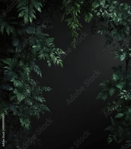 Fototapeta Deep emerald tropical foliage, tangled vines cast shadows on black backdrop ,  deep green,  dark