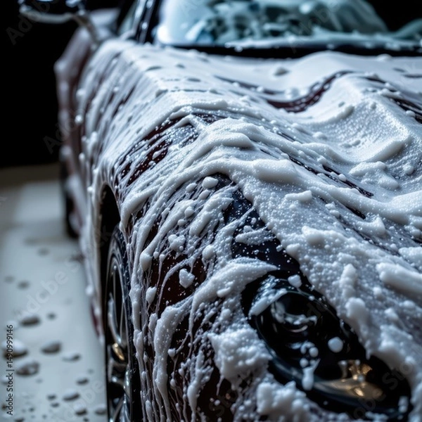 Fototapeta Gleaming Car Surface Covered in Soap Bubbles During Wash Process