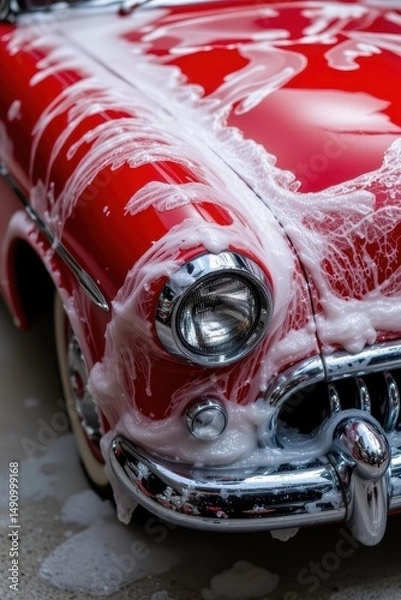 Fototapeta Classic Red Car Being Washed with Soap and Water in Bright Light