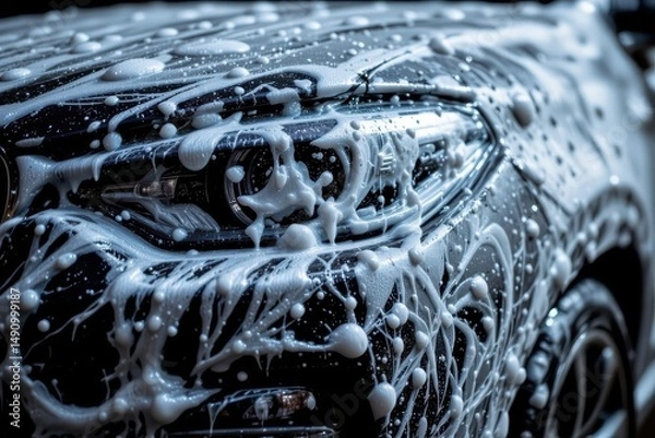 Fototapeta Foam Car Wash Close-Up with Bubbles and Soap on Vehicle Surface