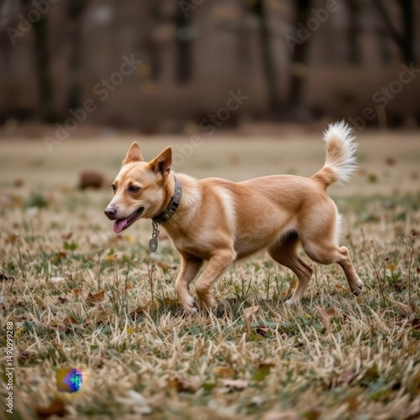 Fototapeta Happy Dog Running in a Field with Soft Grass and Blurred Background