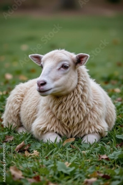 Fototapeta Curious Sheep Relaxing on Grass with Soft Fur and Gentle Expression