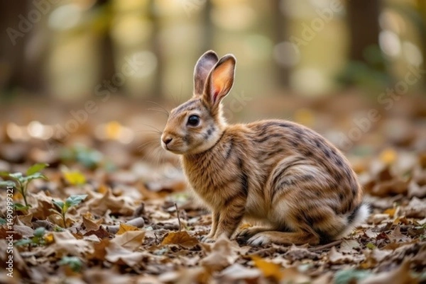 Fototapeta Brown Rabbit Sitting on Autumn Leaves in Tranquil Forest Setting