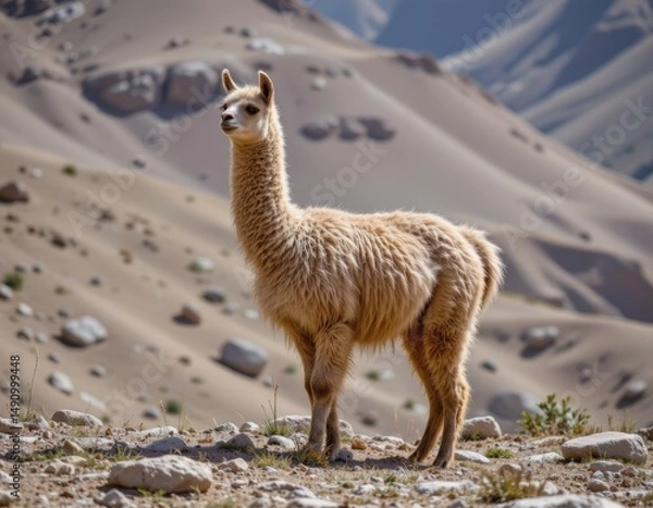 Fototapeta Beautiful Llama Standing on Rocky Terrain in High Mountain Landscape