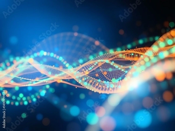 Fototapeta Abstract network data streams across a blue gradient backdrop with shimmering green, orange, and cyan particles, creating a dynamic background.