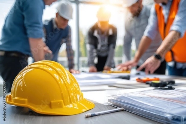 Obraz Yellow hard hat placed on a table with construction plans, while a group of professionals collaborates in the background, showcasing teamwork and project planning in a bright workspace