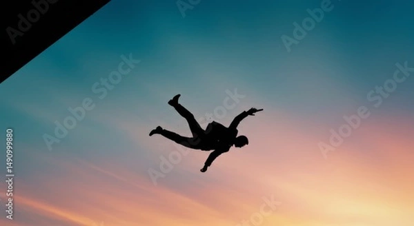 Fototapeta Silhouette of a Secret Agent Skydiving with a Gun in a Dramatic Sky During Twilight