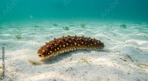 Fototapeta Close-up of a spiky sea cucumber resting on the sandy ocean floor