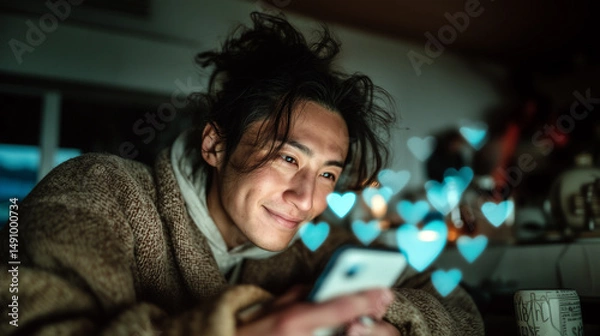 Obraz Young man holding her smartphone surrounded by glowing hearts.