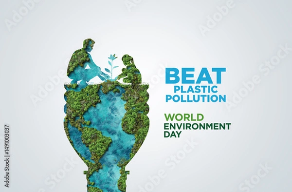 Fototapeta #BeatPlasticPollution, World Environment day concept 2025 3d tree background. 