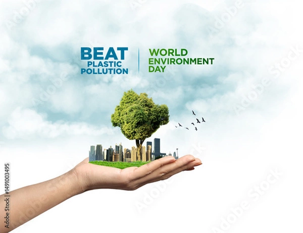 Fototapeta #BeatPlasticPollution, World Environment day concept 2025 3d tree background. 