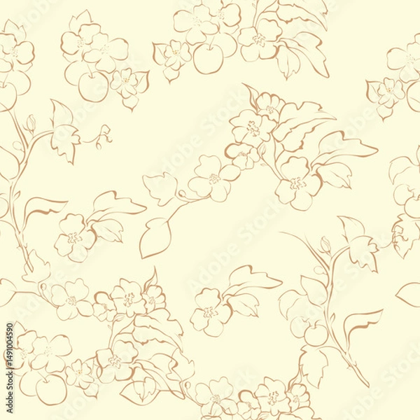 Obraz Seamless vector print in romantic style. Delicate spring branches hand-drawn with ink on beige canvas. Add romance and tenderness to your project.