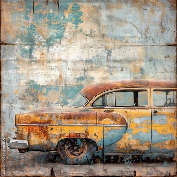 Fototapeta Vintage car on grunge background with space for text or image