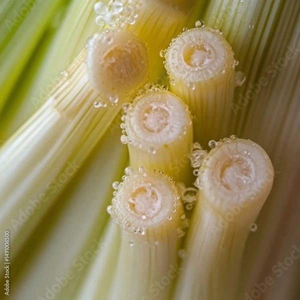 Fototapeta Close-up of fresh leek with water droplets on it