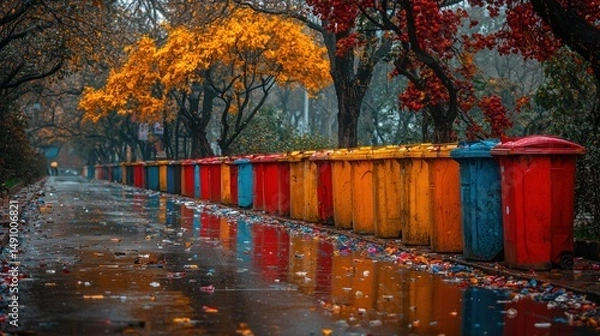Fototapeta Autumn street scene with colorful trash receptacles