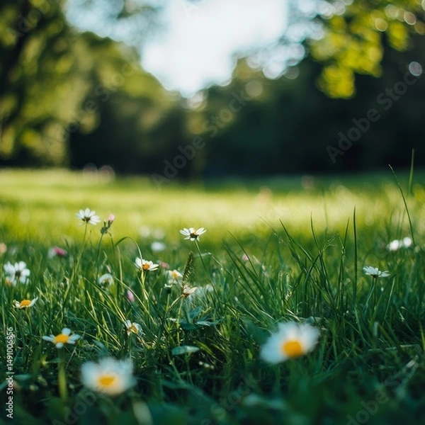 Fototapeta Beautiful spring background with daisies and bokeh effect
