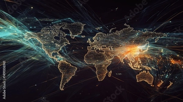 Fototapeta Global network connections, data flow visualization.