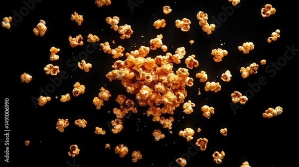 Fototapeta Caramel popcorn exploding on black background.