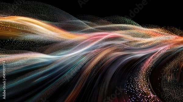 Fototapeta Abstract colorful wave of particles on black background.