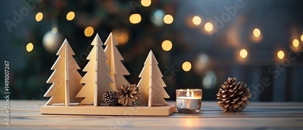 Fototapeta Wooden Christmas trees, pine cones, and candle on table.