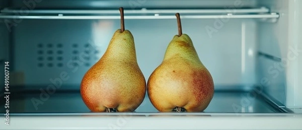 Fototapeta Two ripe pears in a refrigerator crisper drawer.
