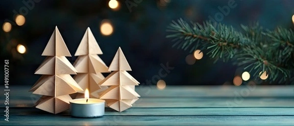 Fototapeta Festive paper Christmas trees with candlelight on a wooden surface.