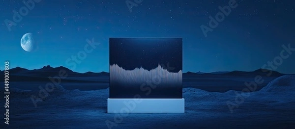Fototapeta Night landscape with a glowing data visualization on a digital screen in a desert under the moon.