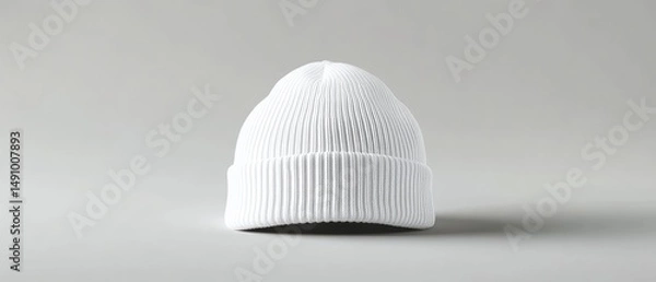 Fototapeta White knitted beanie hat on grey background.