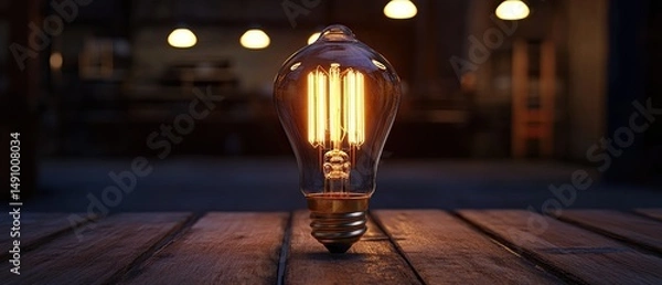 Fototapeta Glowing vintage light bulb on wooden table at night.