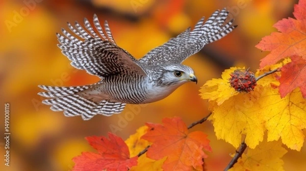 Fototapeta Bird of prey in flight autumn leaves