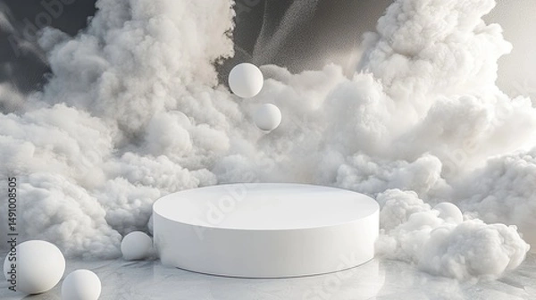 Fototapeta White podium in smoky cloudscape, ideal for product display.