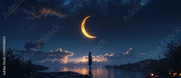 Fototapeta Solitary figure silhouetted against a crescent moon and tranquil waters under a starry night sky.