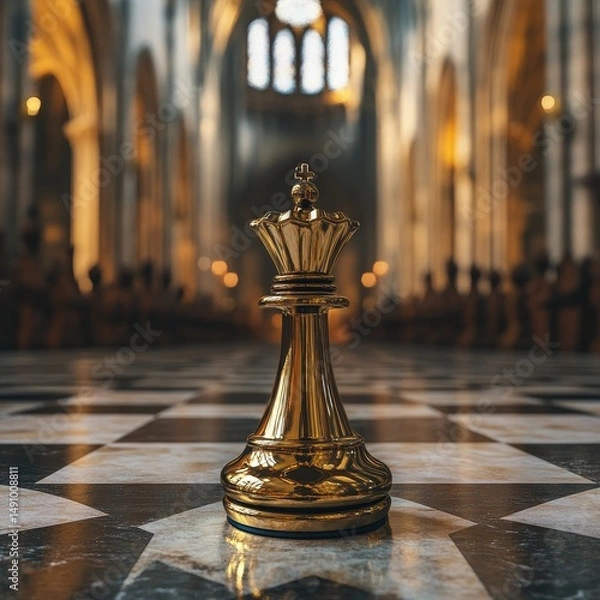 Fototapeta Chess king in front of the cathedral. 3d illustration.