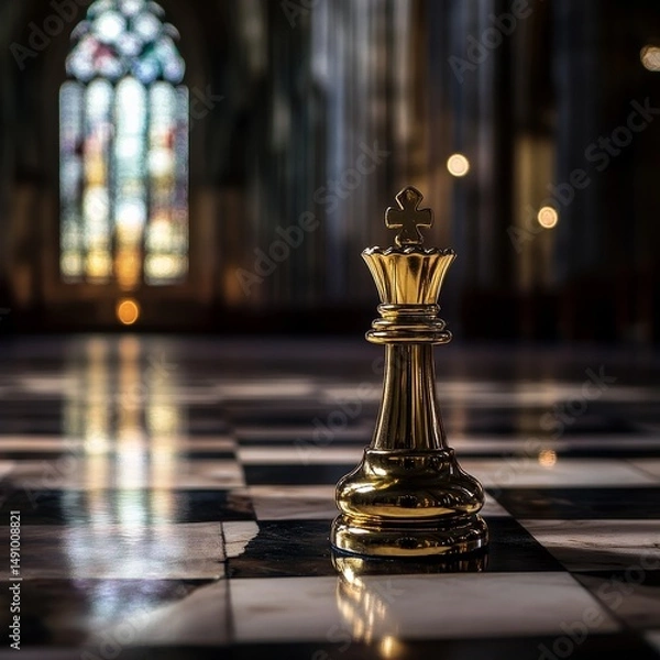 Fototapeta Chess king on the chessboard in a church, business concept