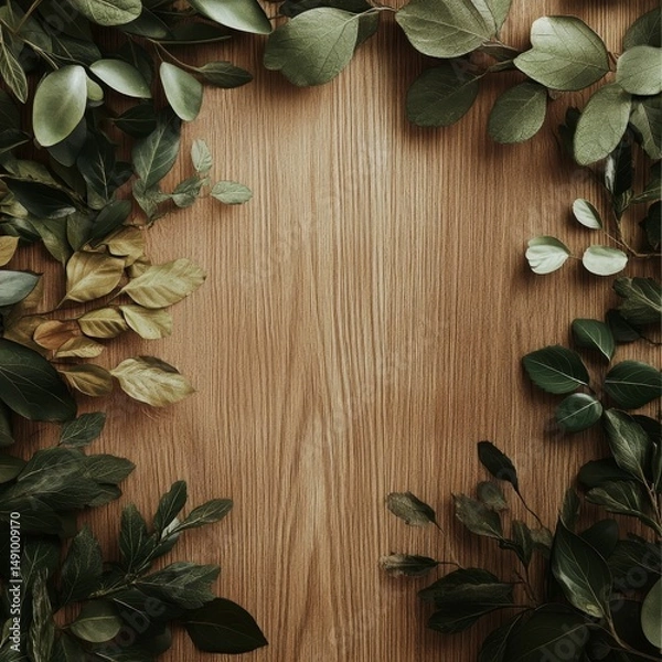 Fototapeta Wooden background with green leaves and copy space for your text.