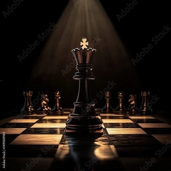 Fototapeta Chess board with chess pieces on dark background. 3d rendering