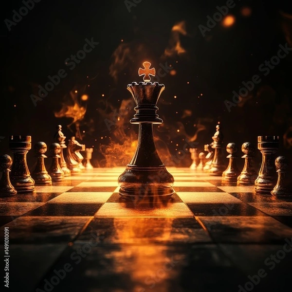 Fototapeta Chess board with chess pieces on fire background, business concept.