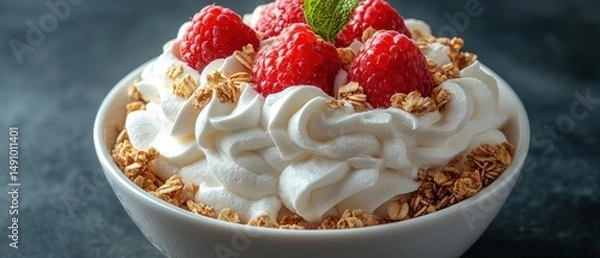 Fototapeta Breakfast cereal with raspberries and whipped cream