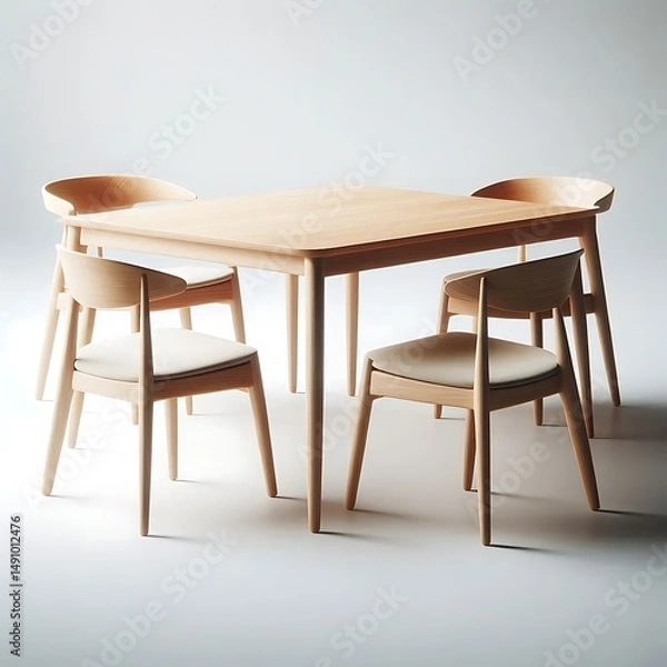 Fototapeta Modern Dining Table – Contemporary Wooden Table with Chairs, Elegant Home Interior, Minimalist Furniture Design for Kitchen or Dining Room, Natural Light Setting