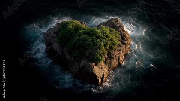 Obraz Heart-shaped island with lush forest and ocean reflection
