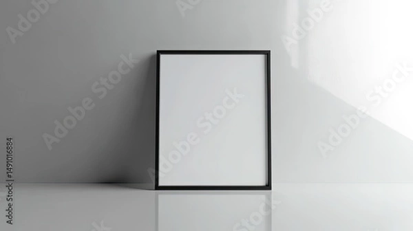 Fototapeta Blank vertical poster mock-up in black frame against a grey wall.