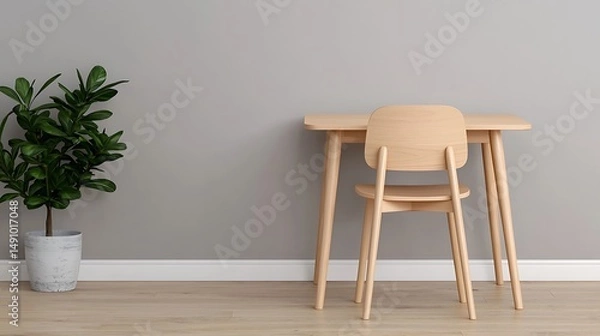 Fototapeta Minimalist Interior Featuring a Light Wood Desk, Chair, Potted Plant, and Gray Wall Creating a Serene Atmosphere.