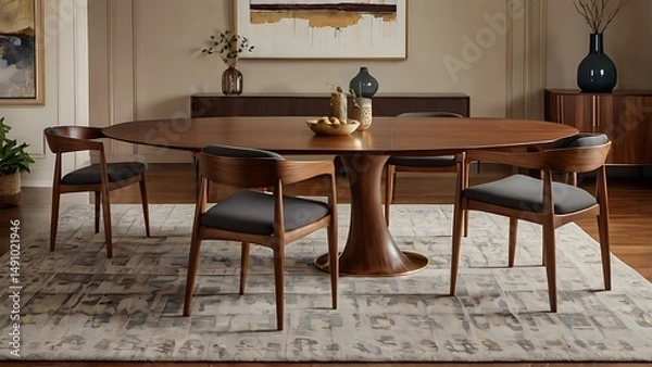 Fototapeta Modern Dining Table – Contemporary Wooden Table with Chairs, Elegant Home Interior, Minimalist Furniture Design for Kitchen or Dining Room, Natural Light Setting
