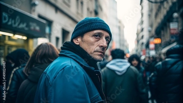 Fototapeta Man looking back while walking in crowded city street during winter  