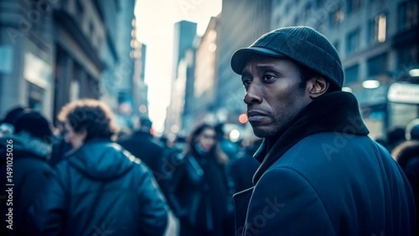 Fototapeta Man looking back while walking in a busy city street crowd  