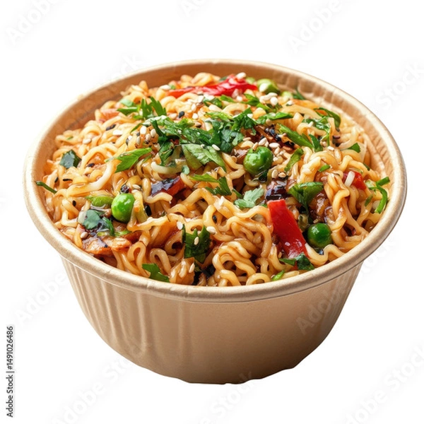 Obraz Wok Noodles in a round Bowl png Isolated on white transparent background